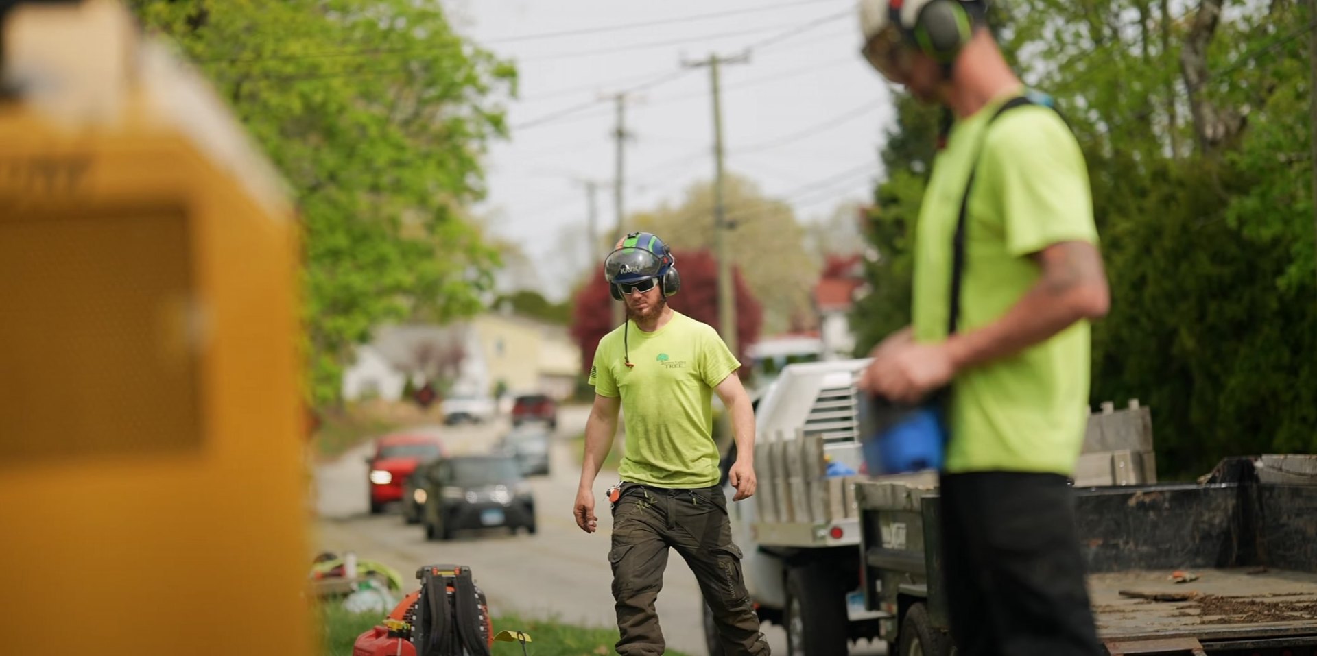 Lombard Tree Service professionals using safety equipment Professional tree service crew working safely with proper equipment in Lombard IL